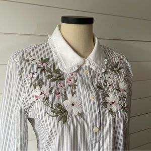 Kate Spade ♠️ Floral Embroidered Stripe Ruffle Top - Large